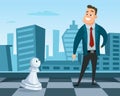 Businessman Standing On A Chess Board. Concept Illustration Of Business Strategy. Leadership And Excellence