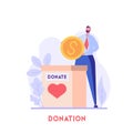Businessman standing with coin and donating money. Crowdfunding. Concept of donation, volunteering, donation box, charity. Vector