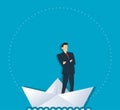 Businessman standing with cross arms on a paper boat vector, business concept