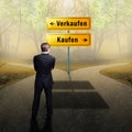 Businessman standing on a crossroad, having to choose the right path what to do with the words sell and buy Royalty Free Stock Photo