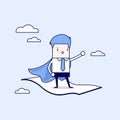 Businessman standing on the flying magic carpet. Cartoon character thin line style vector.