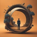 Businessman standing in front of a circle of clouds and trees. generative ai
