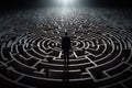 Businessman standing in front of a circular maze with light coming out, A businessman walking in a labyrinth maze, AI Generated Royalty Free Stock Photo