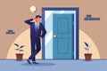 Businessman standing in front of a closed door, pondering next steps while balancing professional concerns and curiosity Royalty Free Stock Photo