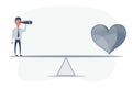 Businessman standing in front of heart. Businessman looking in future on seesaw.