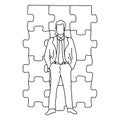 Businessman standing in front of jigsaw puzzle vector illustration sketch doodle hand drawn with black lines isolated on white Royalty Free Stock Photo