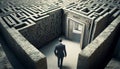 Businessman standing in front of a labyrinth. Generative Ai Royalty Free Stock Photo