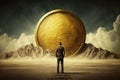 A businessman standing in front of a large gold coin against a mysterious landscape. AI