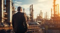 Businessman standing in front of the oil refinery in the city Royalty Free Stock Photo