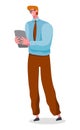 Businessman standing at full height holding a tablet pc in his hands vector illustration