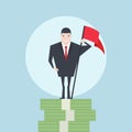 Businessman standing on growth money stairs with winners flag.