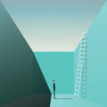 Businessman standing in a hole with ladder. Business vector concept of solution, challenge, opportunity.