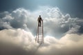 Businessman standing on ladder and looking up at sky with clouds concept, Choose the right ladder to reach the goal, AI Generated Royalty Free Stock Photo