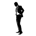 Business man standing and looking down, isolated vector drawing. Sad or stressed manager in suit