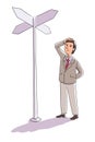 Businessman standing looking at road sign vector