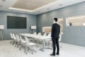 Businessman standing in meeting interior room with blank plasma screen