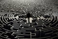 Businessman standing in the middle of a circular maze with a solution, A businessman walking in a labyrinth maze, AI Generated Royalty Free Stock Photo