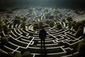 Businessman standing in a middle of a maze looking at the entrance, A businessman walking in a labyrinth maze, AI Generated Royalty Free Stock Photo