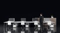 Businessman standing in modern black coworking office interior with computers, equipment, reception desk, wooden furniture and Royalty Free Stock Photo