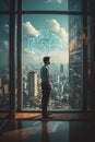 Businessman Standing in Modern Office Overlooking Cityscape With Futuristic Globe Network Visualization Royalty Free Stock Photo