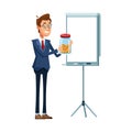 Businessman standing with money box and presentatio board, colorful design