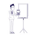 Businessman standing with money box and presentatio board