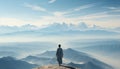 Businessman standing on mountain peak, conquering adversity, achieving success generated by AI Royalty Free Stock Photo