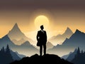 businessman standing in the mountains with sunset background