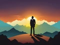 businessman standing in the mountains with sunset background