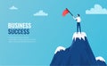 Businessman standing on mountains top in winner pose vector illustration with flag rise. Business success symbol