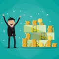 Businessman standing near huge pile of money Royalty Free Stock Photo