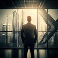 A businessman standing near a huge window in his bright office against the backdrop of skyscrapers. Royalty Free Stock Photo