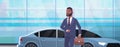 Businessman standing near luxury car african american man in suit holding suitcase going to work business concept flat Royalty Free Stock Photo