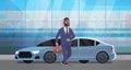 Businessman standing near luxury car african american man in suit holding suitcase going to work business concept flat Royalty Free Stock Photo