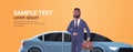 Businessman standing near luxury car african american man in suit holding suitcase going to work business concept flat