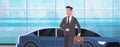 Businessman standing near luxury car man in suit holding suitcase going to work business concept flat portrait