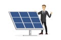 Businessman standing near solar panel. Alternative energy. Happy salesman advertises new eco techology