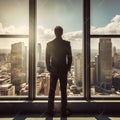 Businessman standing in office room, in front of big window, watch downtown below, AI generated