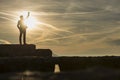 Businessman standing outdoors on a wall with his fist raised against a sun