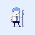 Businessman standing with pencil. Cartoon character thin line style vector. Royalty Free Stock Photo
