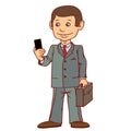 A businessman is standing with a phone in his hand. Very passionate about communication. Royalty Free Stock Photo