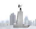 Businessman standing on podium with wooden ladder and city view Royalty Free Stock Photo