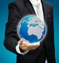 Businessman standing posture hand holding Earth icon isolated