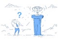 Businessman standing question mark pillar champion cup trophy number one concept on white background sketch doodle