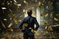 Businessman standing in rain, looking at falling dollar banknotes, A rearview of a happy and successful man standing under a rain Royalty Free Stock Photo