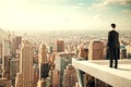 Businessman standing on the roof of a skyscraper and looking over the city at sunset Royalty Free Stock Photo