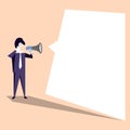 Businessman Standing and Shouting on Megaphone with Blank Speech Bubble. Man in Suit Holding Loudhailer with Empty Royalty Free Stock Photo