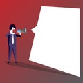 Businessman Standing and Shouting on Megaphone with Blank Speech Bubble. Man in Suit Holding Loudhailer with Empty Royalty Free Stock Photo