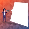 Businessman Standing and Shouting on Megaphone with Blank Speech Bubble. Man in Suit Holding Loudhailer with Empty Royalty Free Stock Photo