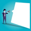 Businessman Standing and Shouting on Megaphone with Blank Speech Bubble. Man in Suit Holding Loudhailer with Empty Royalty Free Stock Photo